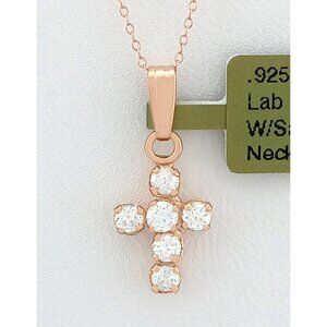 White Sapphire Cross Pendant Necklace 14k Rose Gold Plated